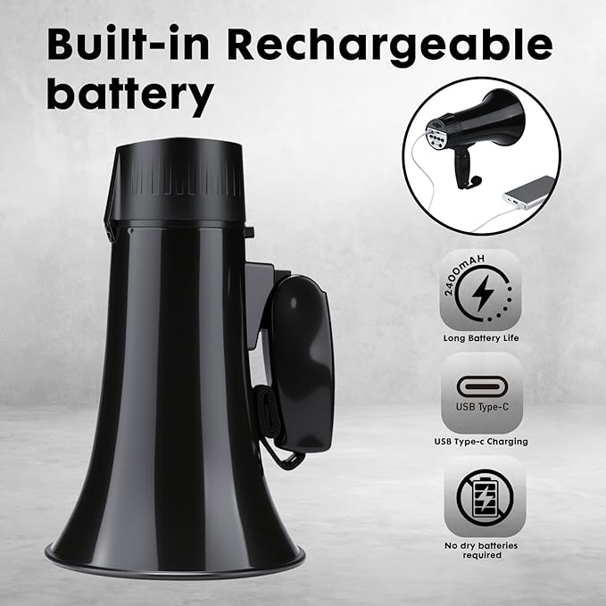 UZOCHI 20 Watt Rechargeable Megaphone Bullhorn Speaker, Siren and 240s Recording, Portable Mega Phone with Power Display and Strap (Black)