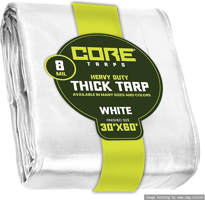 Core Tarps Heavy Duty 8 Mil Tarp Cover, Waterproof, UV Resistant, Rip and Tear Proof, Poly Tarpaulin with Reinforced Edges for Roof, Camping, Patio, Pool, Boat. (White 30′ X 60′)