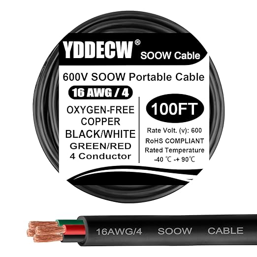 100ft 16/4 16 AWG Portable Power Cable (4 Conductor) - SOOW 600V 16 Gauge Electric Wire for Motor Leads, Portable Lights, Battery Chargers and Machinery - 4 Conductor - 100 Feet Electrical Cord