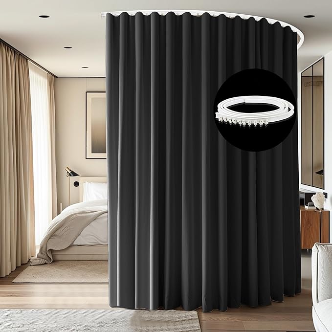 Room Divider Ceiling Mounted Curtains Track Sets Extra Wide Blackout Curtain Flexible Tracks for Bedroom Privacy Partition Separator, 1 Panel Black Drape and White Rail, W12.5 x H8ft