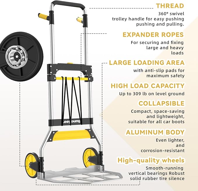 Aluminum Folding Hand Truck 309lb Capacity - Collapsible Dolly Cart with 47.3" Adjustable Handle, TPR Wheels & Portable Hand Truck Design, 11lbs Lightweight Storage Solution (No Assembly)