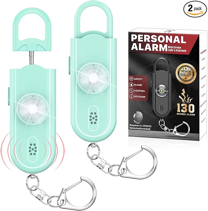 Personal Safety Alarm Keychain for Women 2PCS -130 dB Loud Siren with SOS Strobe Light, Flashlight, Double Speakers, Safe Defense Key Chain for Girls Kids Elders Emergency Call
