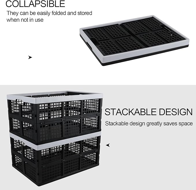 66 L Large Stackable Storage Crates, Black Plastic Collapsible Storage Basket, 4 Pack