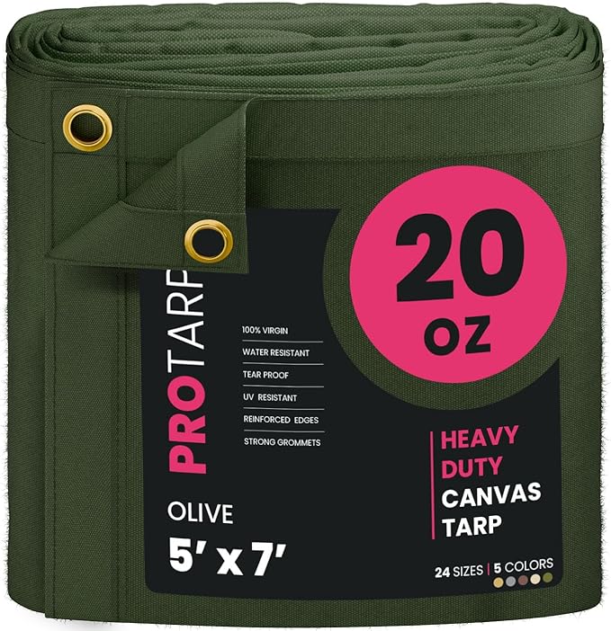 PROTARP Extreme Heavy Duty 20 OZ Water Resistant Canvas Tarp, UV Resistant Tarpaulin Cover with Rustproof Brass Grommets, Multipurpose for Canopy, Roof, Camping, Woodpile (Olive 5'X7')
