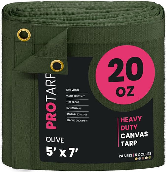 PROTARP Extreme Heavy Duty 20 OZ Water Resistant Canvas Tarp, UV Resistant Tarpaulin Cover with Rustproof Brass Grommets, Multipurpose for Canopy, Roof, Camping, Woodpile (Olive 5'X7')
