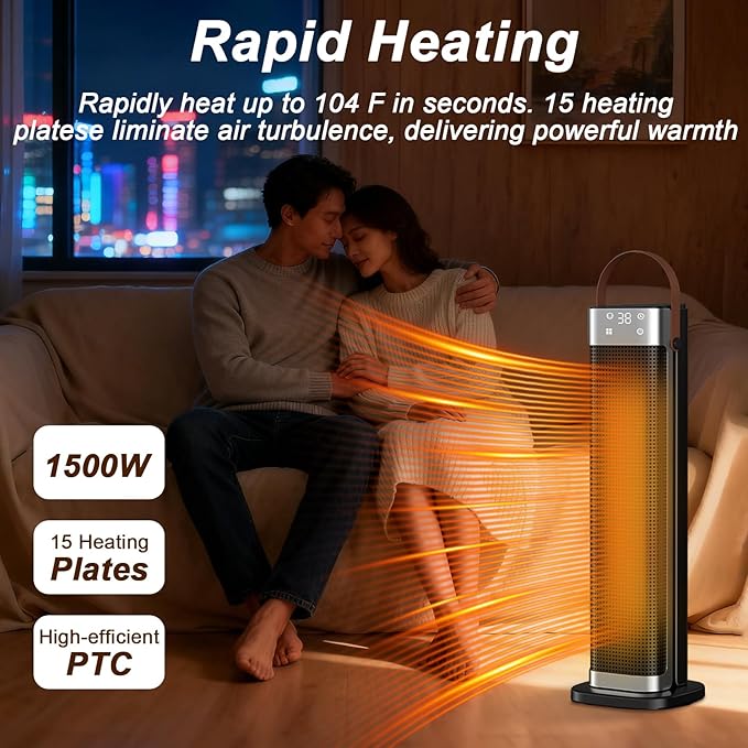 Space Heater Indoor, 25" 1500W PTC Ceramic Heater, 3 Modes, 12H Timer, 45° Oscillating, with Remote, Tower Heater for Office Bedroom