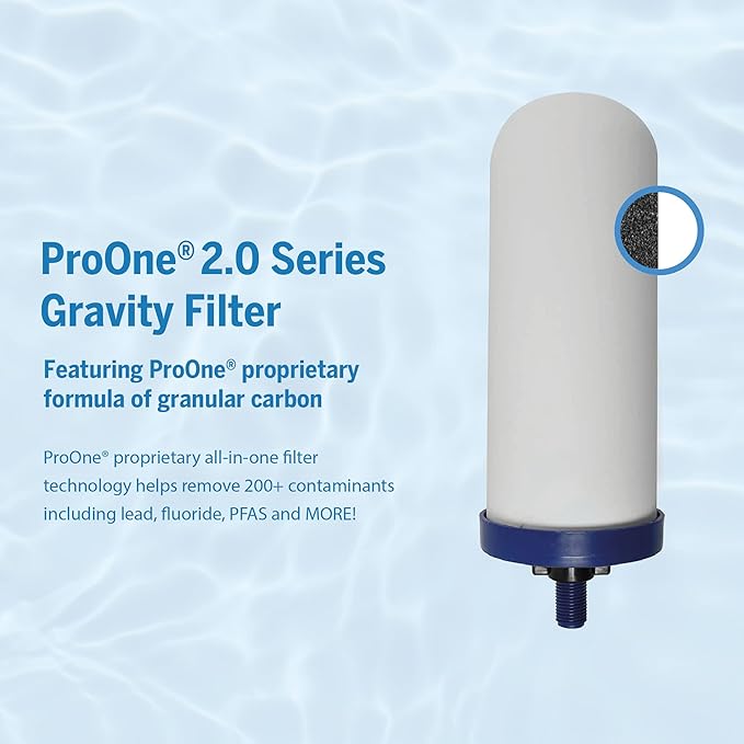 ProOne Big+ Gravity Water Filter System High Capacity Countertop Stainless Steel Water Filter Dispenser IAPMO Certified to Reduce Lead, Total PFAS, Microplastics, Chlorine Taste & Odor, 3 Pack Filter