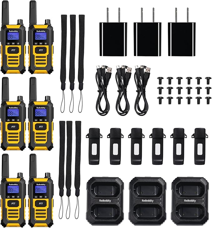 Radioddity HD-1 IP67 Heavy Duty Walkie Talkies, Waterproof Dustproof Shockproof Long Range Two Way Radio with One-Key Group Call, Vibrate Alert, SOS, Dual PTT, USB-C Charging for Hunting, 6 Packs