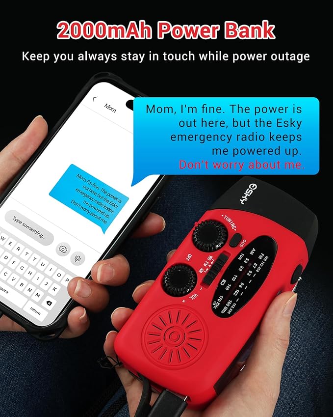 Esky Emergency Hand Crank Radio 7400mWh with 3 LED Flashlight, AM/FM/NOAA Portable Weather Radio with Power Bank Phone Charger, Solar Powered Rechargeable Radio for Indoor Survival Camping, SOS Alarm