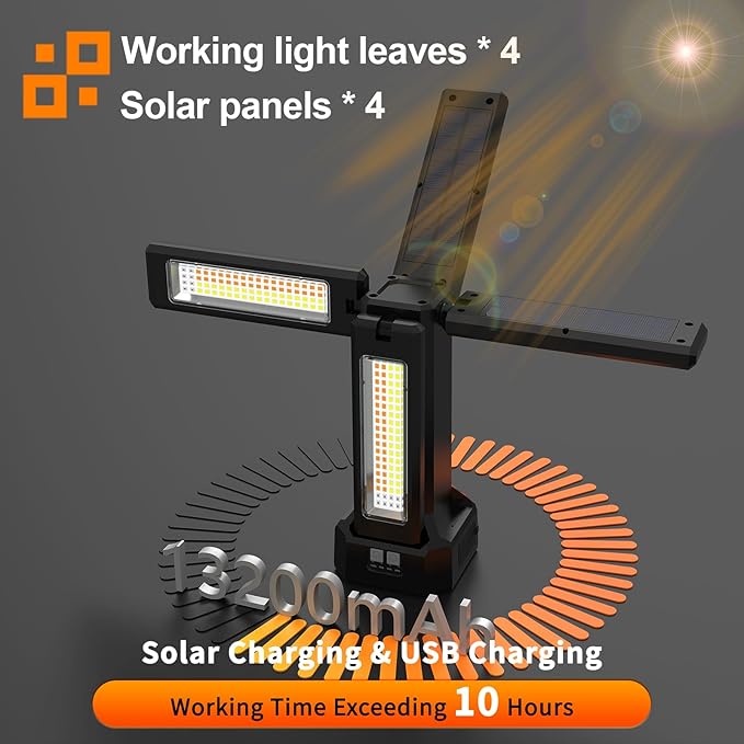 13200mAh Rechargeable Solar Work Light with Folding Stand and Carrying Bag, AODOO 8000 Lumen Stepless Dimmable , White/Warm/Nature White/RED(SOS) with Detachable Tripod (Black)