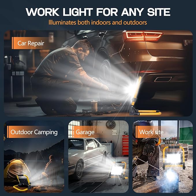 Work Lights with Stand, 1 Head LED Work Light, with Adjustable and Foldable Tripod Stand, Waterproof Lamp with Individual Switch with 6500 Kelvin Color Temperature (1 Adjustable Head)