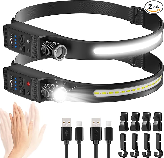 Headlamp Rechargeable with Red Light, 2 Pack Super Bright 230° Wide Beam Head Lamp, 30 Hrs Runtime, 8 Modes with Motion Sensor, Waterproof Lightweight Headlights for Camping Running Fishing