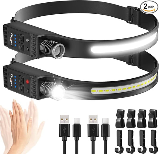 Headlamp Rechargeable with Red Light, 2 Pack Super Bright 230° Wide Beam Head Lamp, 30 Hrs Runtime, 8 Modes with Motion Sensor, Waterproof Lightweight Headlights for Camping Running Fishing