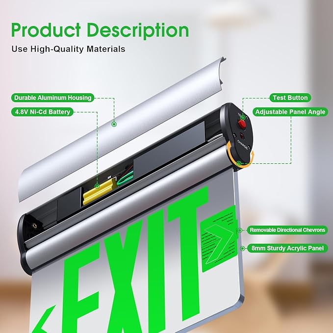 Led Edge-Lit Exit Sign ,Brushed Aluminum Housing Double-Sided Mirrored Rotating Acrylic Panel,Hardwired Emergency Exit Signs with Battery Backup, 120V-347VAC,Green Led Emergency Exit Light for Business , UL Listed,Top/Side/Wall Mount ( 1 Pack)