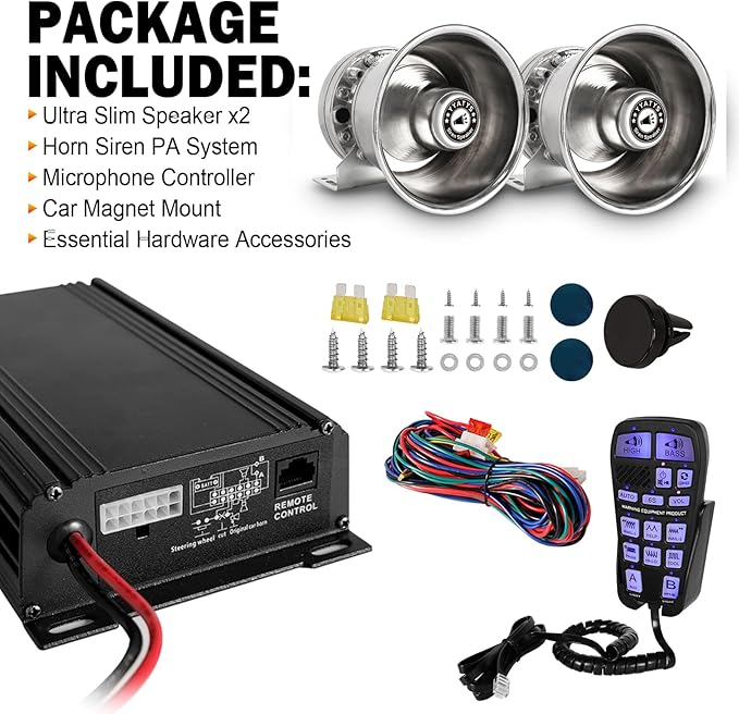 Emergency Police Car Pa System Kit, 400W Multi‑Tone Car Alarm Horn PA Speaker with Handheld Mic, Siren Speaker for Firefighter Ambulance Vehicles Truck SUV ATV UTV