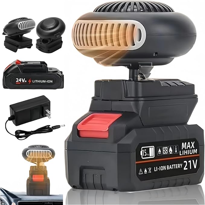 Battery Operated Space Heater - Battery Powered Heater for Camping, 360° Rotation 2 Heat Settings Anti-Tilt Car Defroster, for Car Indoor Use (1500mAh Batt*1)