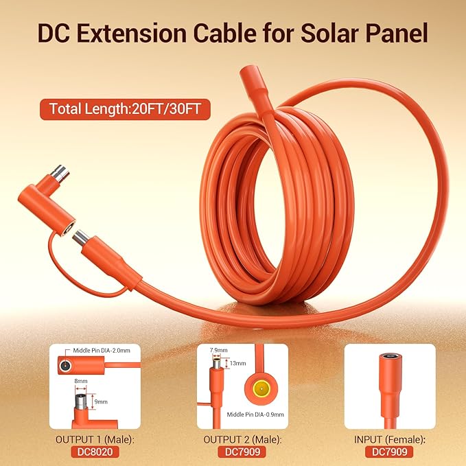 8mm Extension Cable 14AWG for Solar Generators 20FT 6M, DC7909 Solar Panel Cable Cord Female to Male with DC8020 Power Male Adapter Right Angle for GZ Yeti, Aker, Jackery Portable Power Station