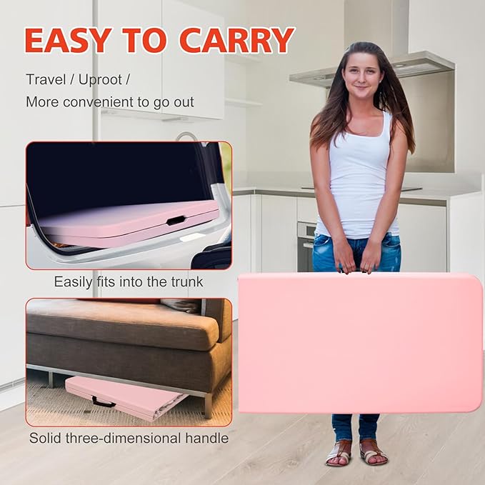 Portable 8Ft Plastic Folding Table, Heavy Duty 8ft Fold-in-Half Table with Carrying Handle, 8' Folding Utility Foldable Table for Picnic Party Camping Kitchen, Indoor/Outdoor (Pink)