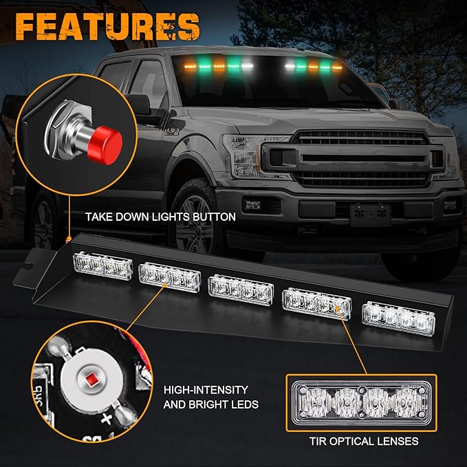 XRIDONSEN 34 inch Amber Green Emergency Visor Strobe Lights 40 LED Warning Flashing Hazard Safety Light Interior Front Windshield Lights w/White Take Down for Tow/Plow Trucks Construction Vehicles