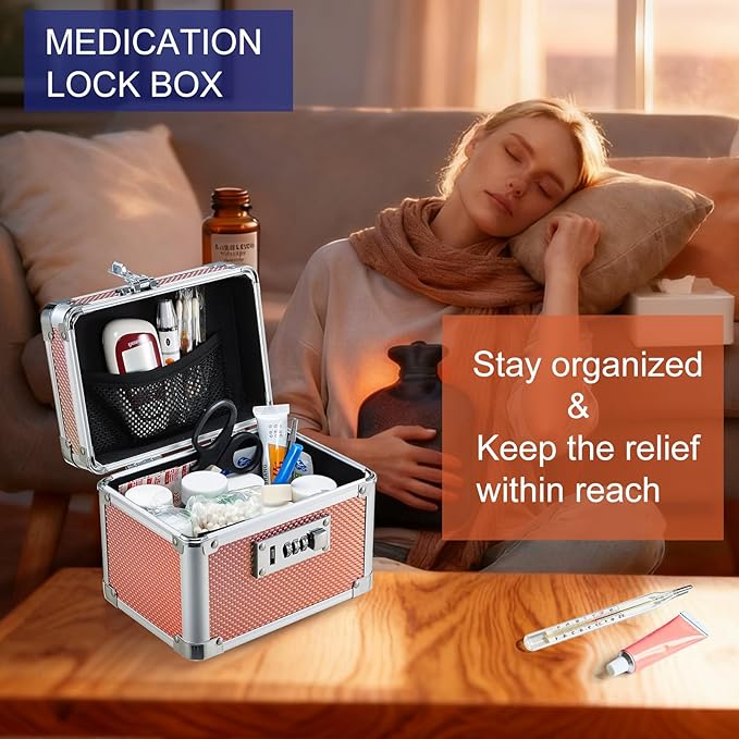 Adazzo Lockable Storage Box - Shiny Gold Medicine Med Lock Box, 7 * 5.25 * 5.75 Inches Safe Case with Combination Lock for Home, Dorm, Office, or Travel - Mini Size