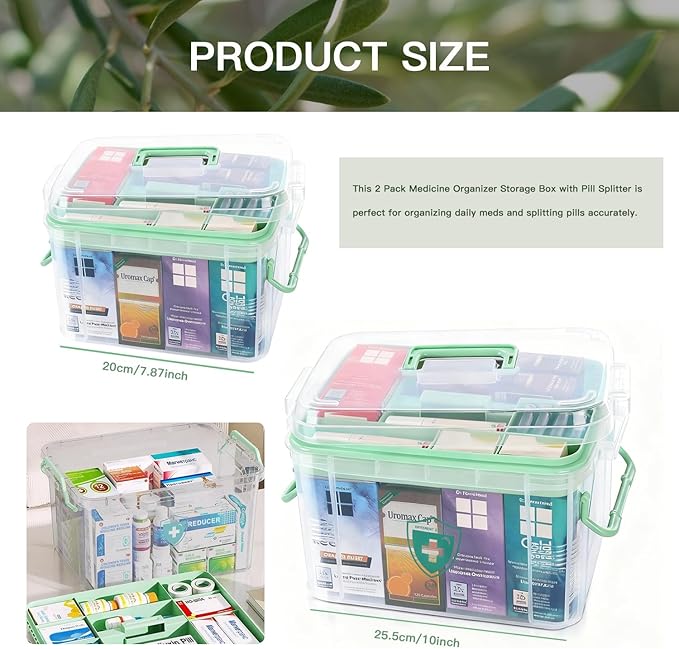 2 Pack Clear Medicine Organizer Storage Box Plastic First Aid Box Empty Medicine Container Chest, Multipurpose Medical Case Medicine Caddy Bin for Home, Office, Travel