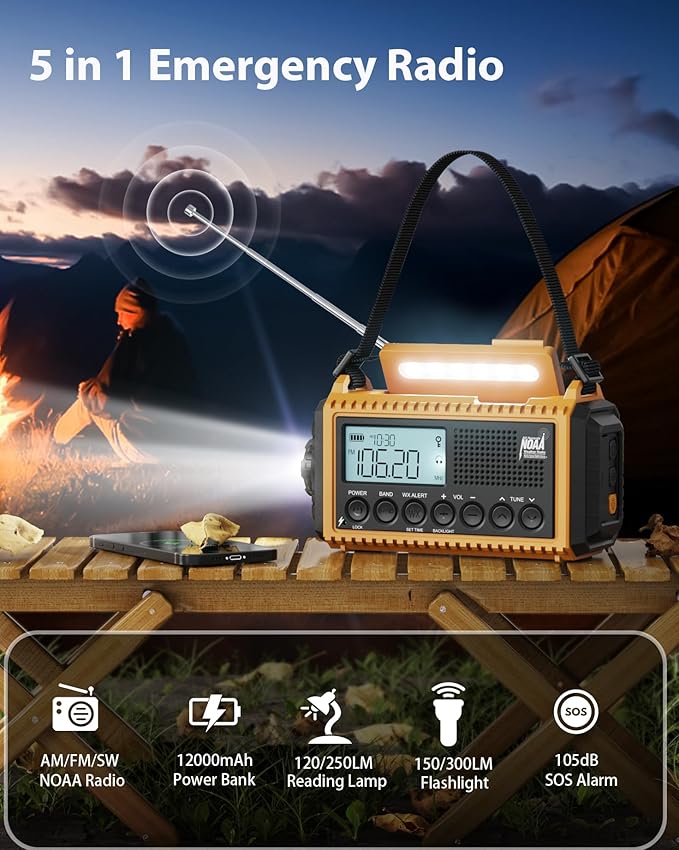 Emergency Radio,Hand Crank NOAA Weather Radio with 12000mAh Rechargeable Battery, LCD Display,Auto Alert,AM/FM/Shortwave,SOS,USB Charging Port,Flashlight,Portable Solar Radio for Power Outage/Survival