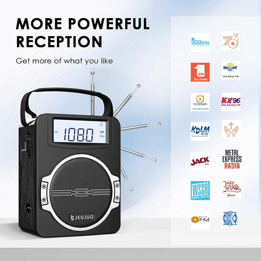 Radio Portable AM FM Digital Radios Clock Radio with Bluetooth 5 Watts Loud Speaker Rechargeable AM FM Radios Plug in Wall Battery Operated Best Reception for Home Outdoor Great Gift Black