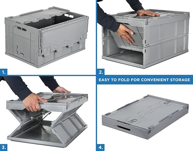 Mount-It! Collapsible Plastic Storage Crate, Folding and Stackable Utility Distribution Container with Attached Lid, 65L Liter Capacity, Pack of 1
