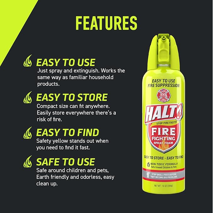 HALT! 10oz Fire Safety Spray – Non-Toxic, PFAS-Free Handheld Fire Suppressor – Easy to Use, Store & Find – Compact & Portable for Home, Kitchen, Car, BBQ, Camping & Tailgate – Made in USA (4pk)
