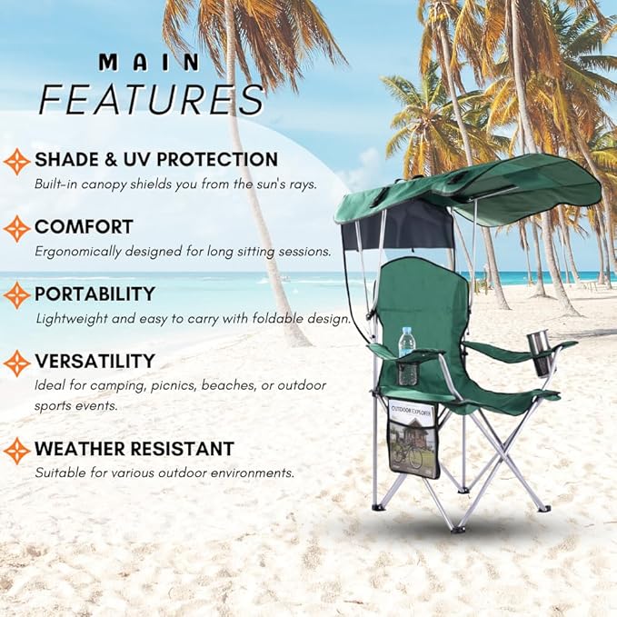 Portable Folding Camping Chairs with Canopy Shade, Beach Chair for Adults, Durable Weather Resistant 600D Oxford Cloth, Camping Chair with Canopy for Outdoors [Green-2 Pack]