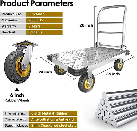 Platform Truck Heavy Duty Push Cart Dolly with 2000 LBS Capacity Foldable Moving Flatbed Cart with 6'' Swivel Wheels Large Steel Platform Dolly Cart for Groceries, Garage, Warehouse (36"X 24")