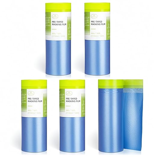 Pre-Taped Masking Film for Painting - 44" x 66' Painters Plastic Sheeting with Automotive Paint Tape and Drape for Covering Cars, Walls, Windows and Furniture Protection (5 Rolls)