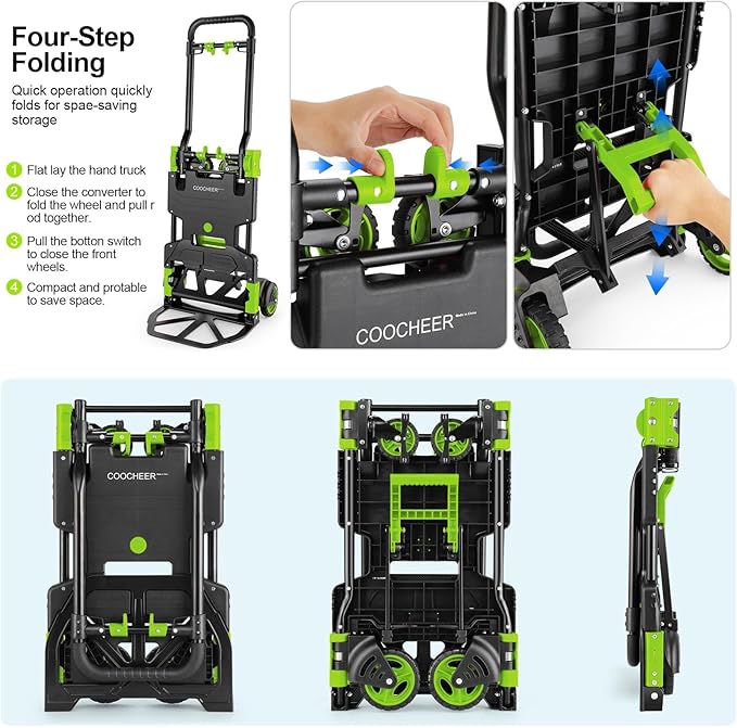 2-in-1 Folding Hand Truck Dolly 330LB Load Carrying, Hand Truck Foldable Dolly with Retractable Handle and 4 Rubber Wheels, Portable Folding Hand Cart for Moving/Travel/Office(Green)