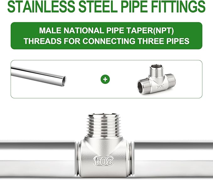 TAISHER 5PCS 304 Stainless Steel Tee Pipe Fittings, 3/8" x 3/8" x 3/8" NPT Male Pipe Fittings
