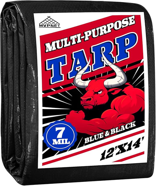 Tarp 12x14 Waterproof 7mil Blue/Black Multipurpose Tarps Uv Resistant Outdoor Tarp for Camping, Rooftops, Yards, Pools, Vehicles, Boats by-MVPNET