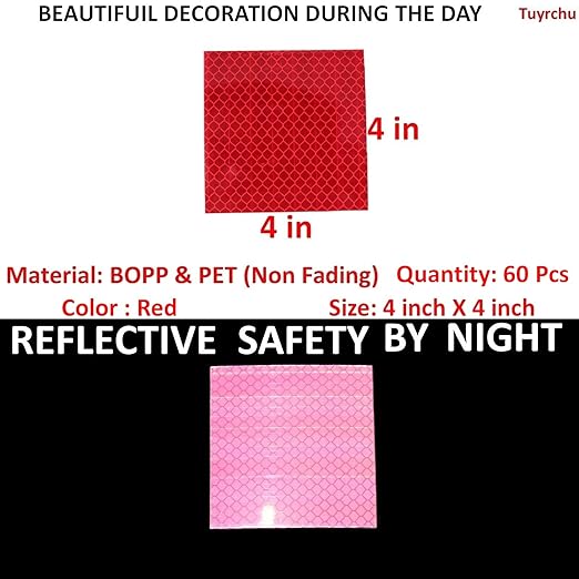 Red Reflective Stickers 4 inch X 4 inch, Outdoor Waterproof High Visibility Warning Safety Adhesive Reflector Tape (60 Pcs)