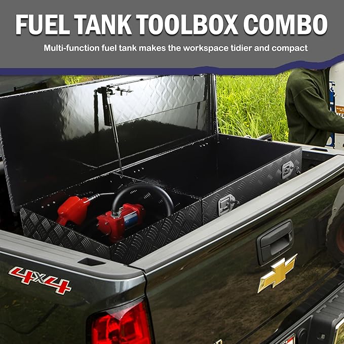 51 Gallons Fuel Transfer Tank Tool Box Combo Aluminum Gasoline Diesel Transfer Tank & Toolbox with 12 GPM Fuel Transfer Pump, Auxiliary Tank, Black Diamond Plate