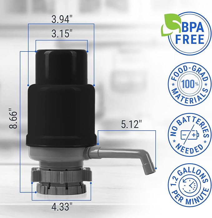 Manual Water Pump for 5 Gallon Bottle – Universal Fit for Crown Top and Screw Top Jugs - Adjustable Tubs, Protective Spout Cap, Cleaning Brush, BPA-Free Food-Grade Materials – 5 Gallon Water Pump