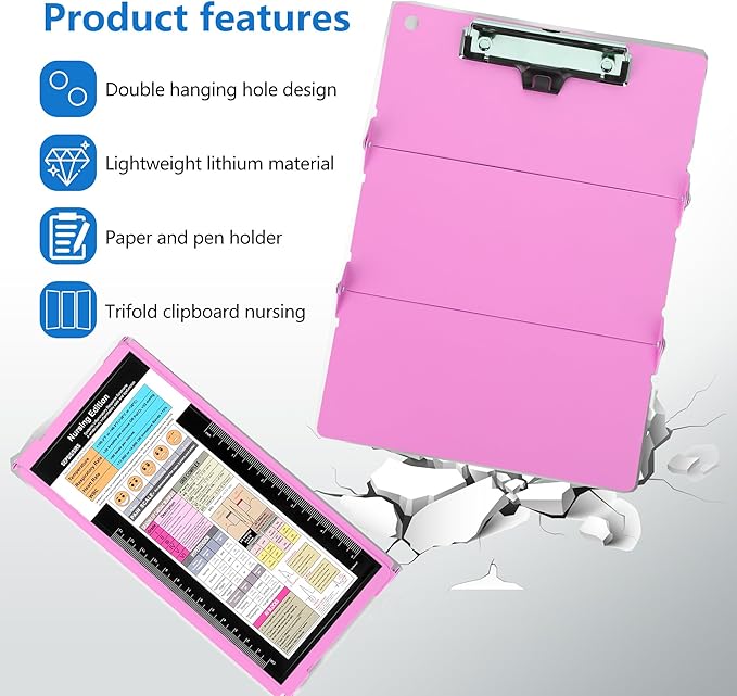 Nursing Foldable Medical Clipboard, Edition Cheat Sheets Lithium 3 Layers Foldable Clipboards Nursing Pocket Size Profile Clip Nurse Clipboards Notepad for Nurses Students and Doctors, Pink