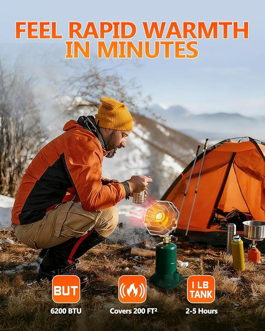 Breeze Touch Portable Propane Heater for Camping, 6200 BTU Outdoor Heater with Foldable Gas Tank Holder and Control Valve, Small Heaters for 1lb Propane Tanks, Suitable for Tent Fishing Hunting
