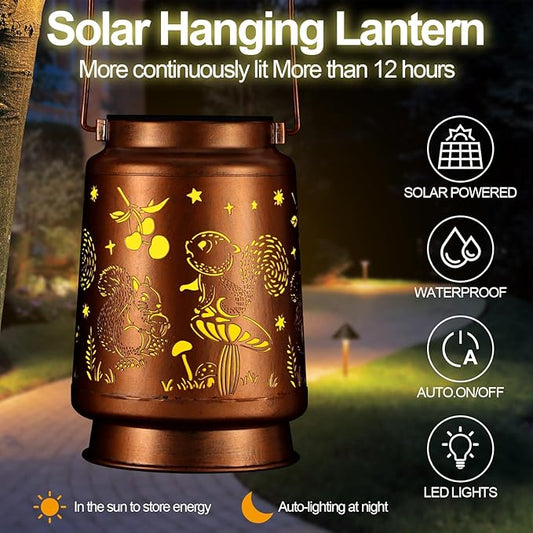 Solar Lantern Outdoor Hanging Waterproof Outside Metal Openwork Hummingbird Pattern Birthday Gifts for Women Mom Landscape Lights for Porch Garden Yard Patio Pathway Decor(Squirrel)