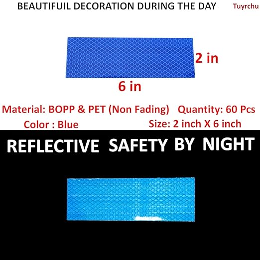 Blue Reflective Stickers 2 inch X 6 inch, Outdoor Waterproof High Visibility Warning Safety Adhesive Reflector Tape (60 Pcs)