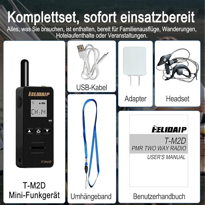 M2D Super Mini Walkie Talkies,Portable Two Way Radios with Earpiece,LCD Display,Rechargeable WakieTalkies for Restaurant,Supermarket,Hospital,Indoor,Outdoor,Business,Hiking,Skiing,Black 2 Pack