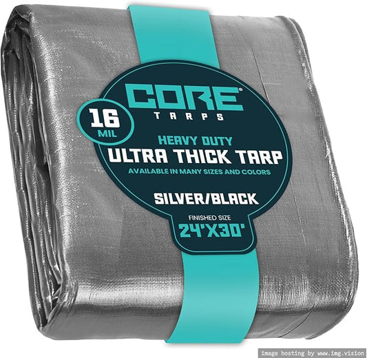 Core Tarps Extra Heavy Duty 16 Mil Tarp Cover, Waterproof, UV Resistant, Rip and Tear Proof, Poly Tarpaulin with Reinforced Edges for Roof, Camping, Patio, Pool, Boat (Silver/Black 24′ X 30′)