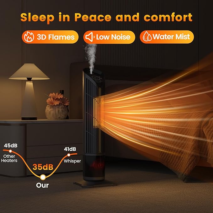VCJ 28" Space Heaters, 1500W 12H Timer Electric Heater for Indoor Use, Remote, 120° Oscillation, Water Mist, Overheat & Tip-Over Protection, Quiet Portable Tower Heater for Bedroom Living Room Garage