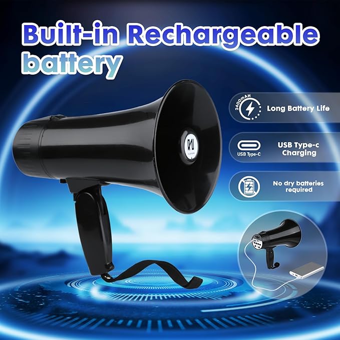 20 Watt Rechargeable Megaphone Bullhorn with Siren and 240s Recording, BT and USB Input, Megahone Speaker with Power Display and Portable Strap (Black)
