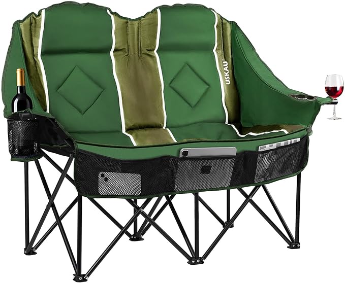 Oversized Double Camping Chair - 2 Person Portable Folding Outdoor Loveseat Heavy Duty Lawn Chairs for Adults with Padded Cushion & Dual Cup Holders, Supports 660LBS for Camping，Sports，Picnic