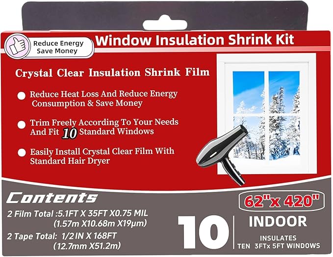 10-Window Shrink Film Window Insulation kit（62-Inch x 420-Inch），Insulating Film Window Kit Keeps Cold Air Out and Warm Air in (10 Windows)