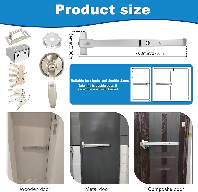 Commercial Door Push Bar Panic Exit Device with Exterior Lever with Alarm, 27.5” Stainless Steel Panic Bars for Exit Doors, Panic Bar Emergency Door Hardware for Wood Metal Doors