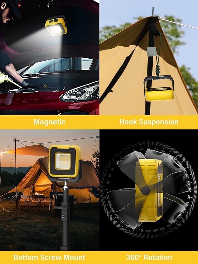 COPPA Work Lights, Portable Working Light 3000mAh Rechargeable 6 Light Modes & Brightness Adjustable Cordless LED Work Lamp with Magnetic for Camping Garage Repair Hiking